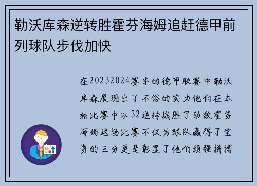勒沃库森逆转胜霍芬海姆追赶德甲前列球队步伐加快