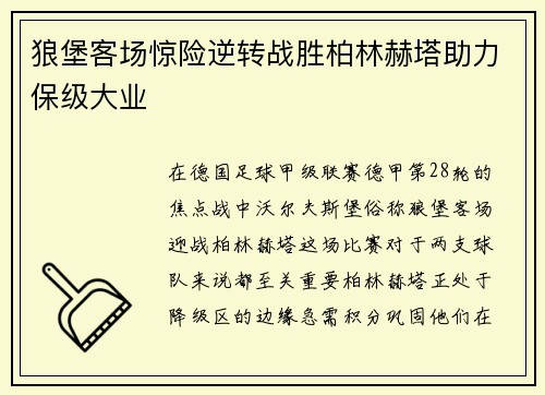 狼堡客场惊险逆转战胜柏林赫塔助力保级大业